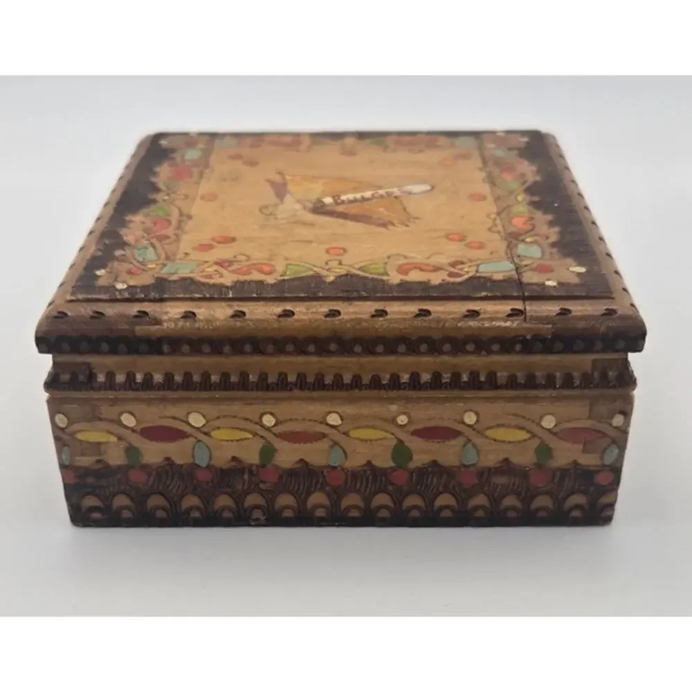 Vintage Wooden Pyrography Cigarette Box Pre-Loved